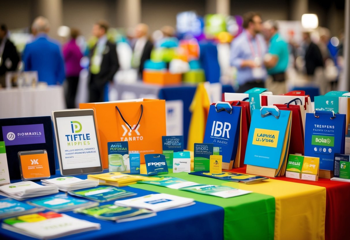 A colorful display of promotional products, including branded merchandise and marketing materials, arranged neatly on a table at a trade show