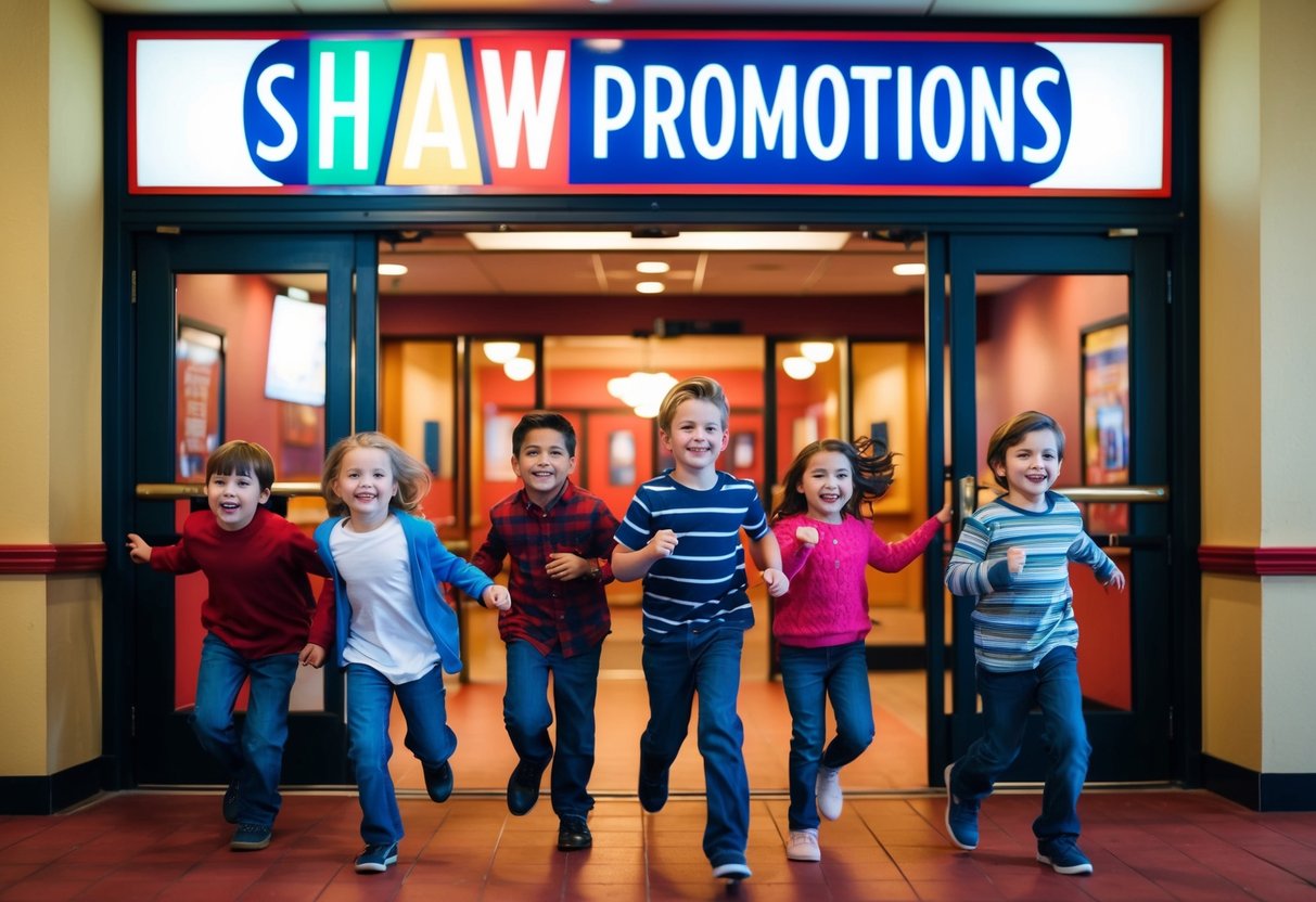 A group of young children happily entering a movie theater, with a colorful "Shaw Promotions" sign above the entrance