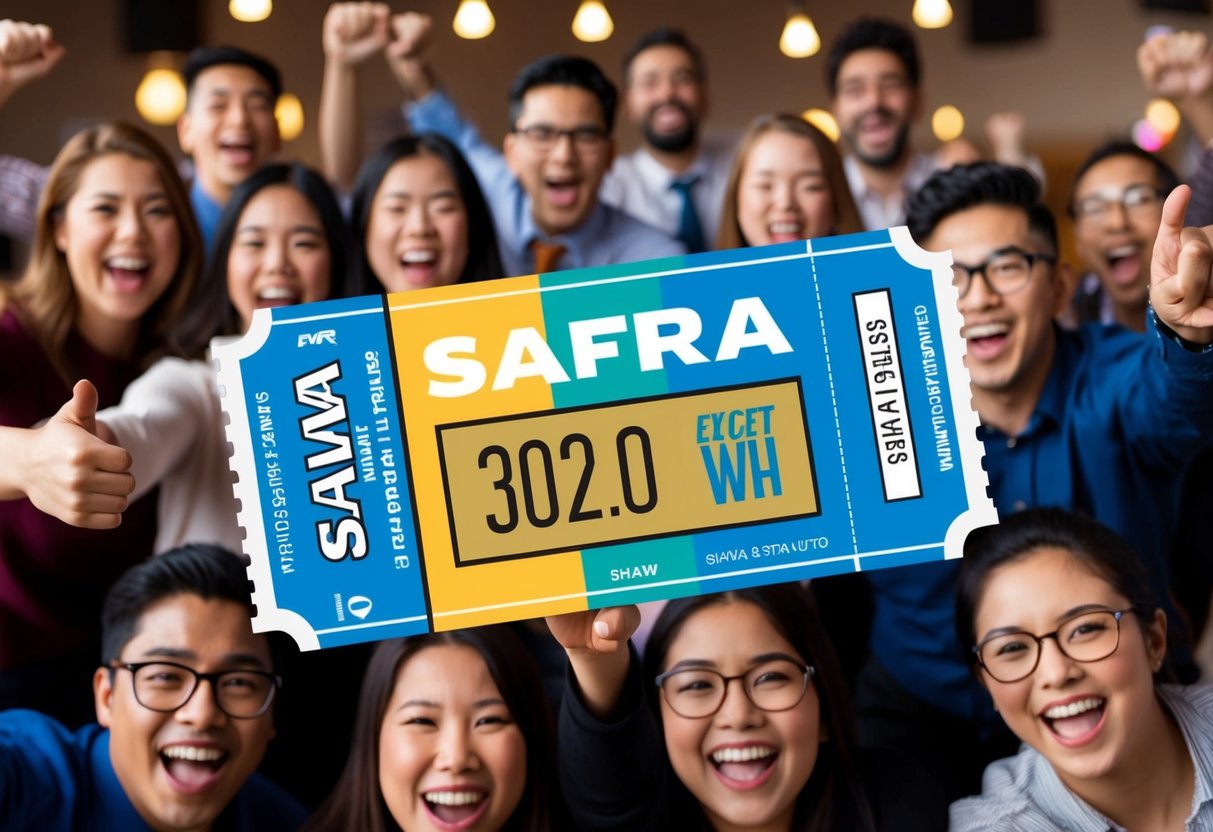 A colorful movie ticket with SAFRA and Shaw logos, surrounded by excited SAFRA members