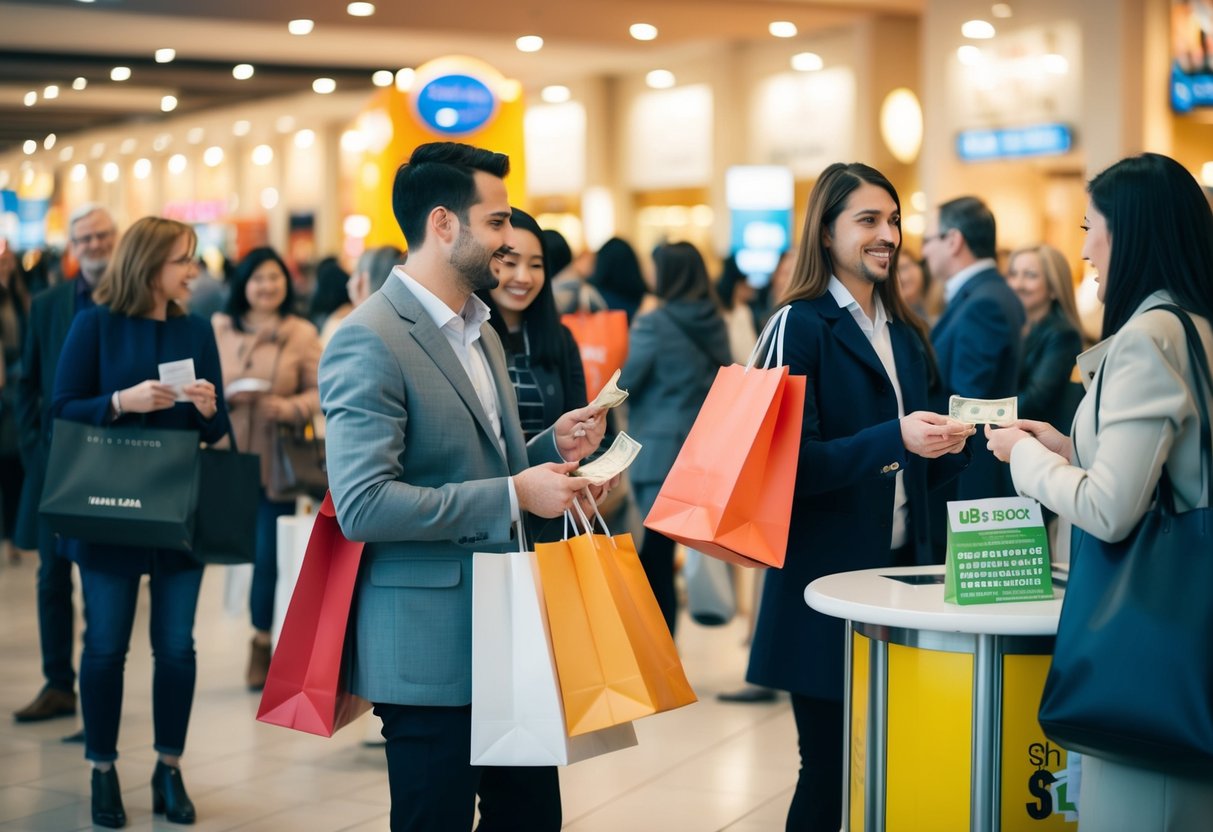 A crowd of shoppers at Shaw Plaza, holding shopping bags and exchanging money for tickets at a promotional booth