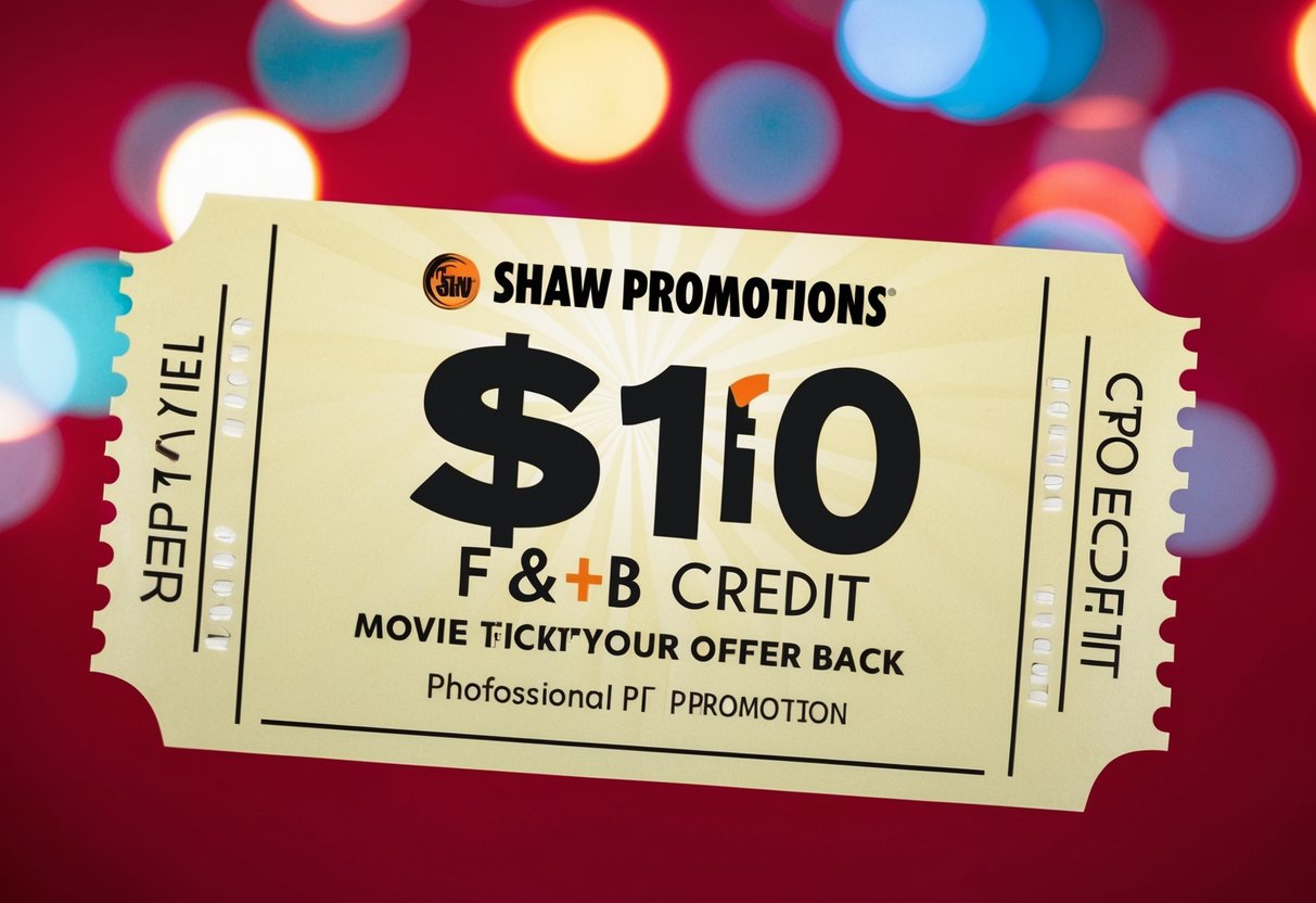 A movie ticket with a $10 F&B credit offer from Shaw Promotions on a red background