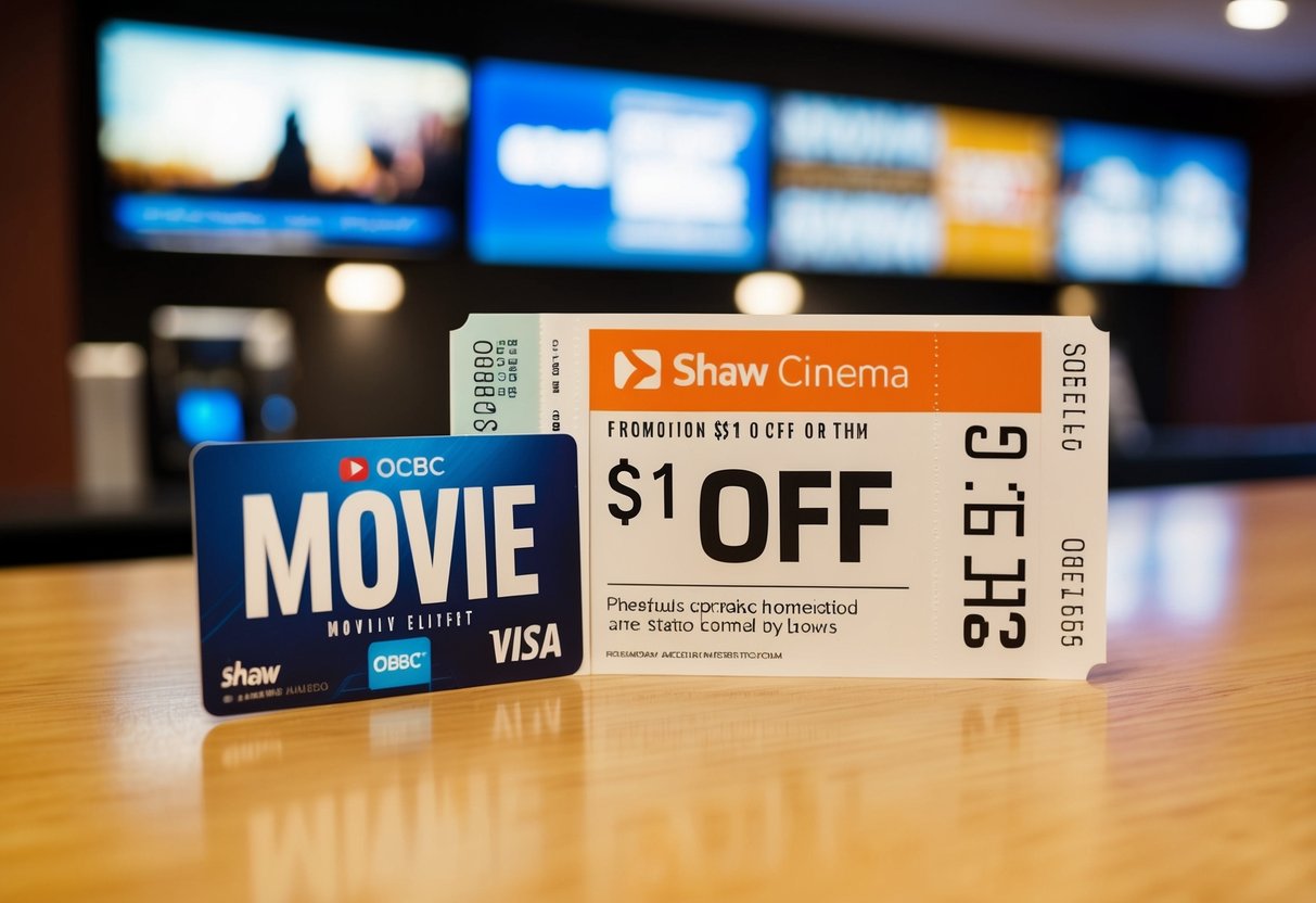 A movie ticket with an OCBC card and a "S$1 off" promotion displayed at a Shaw cinema counter