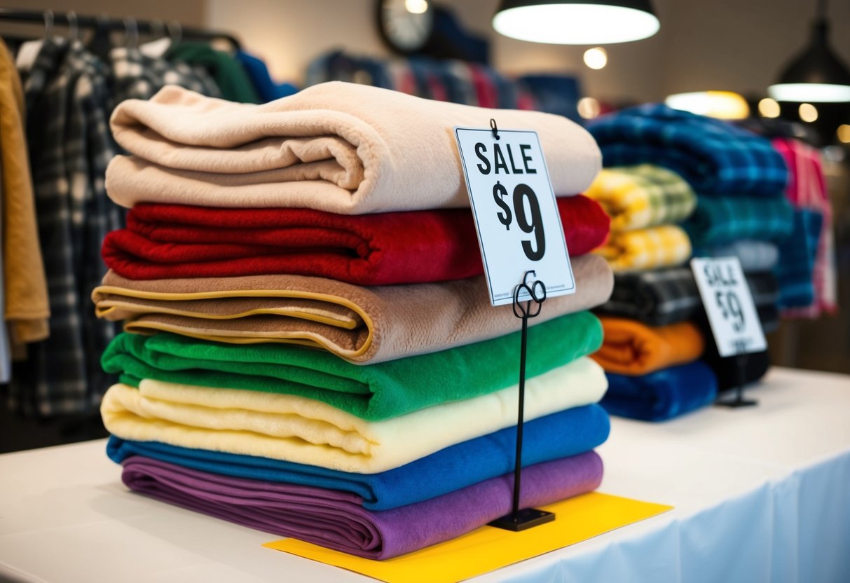 A cozy stack of colorful fleece blankets, priced at $9 each, displayed on a table with a "sale" sign