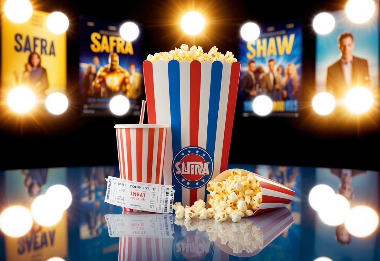 A movie ticket, popcorn, and a drink are displayed next to the SAFRA and Shaw logos, surrounded by bright lights and movie posters