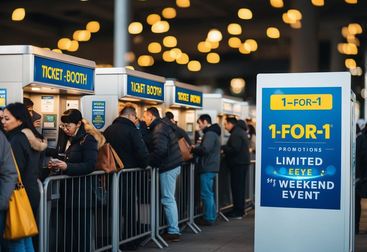 A crowded ticket booth with a "1-for-1" promotion sign. Customers eagerly line up to purchase tickets for a limited weekend event