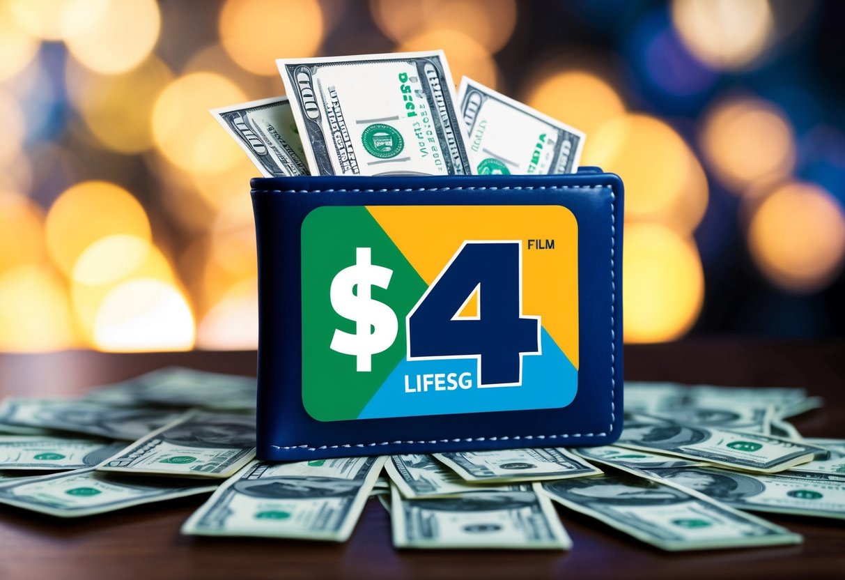 A vibrant, colorful illustration of a wallet overflowing with money, with a prominent "$4" bill and the NS LifeSG logo