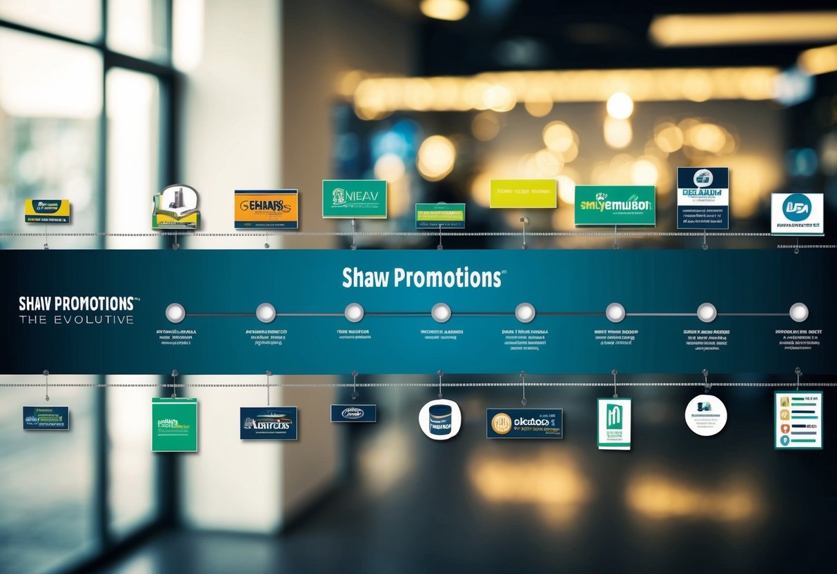 A timeline of Shaw Promotions' evolution, from its founding to present day, showcasing key milestones and changes in branding and marketing strategies