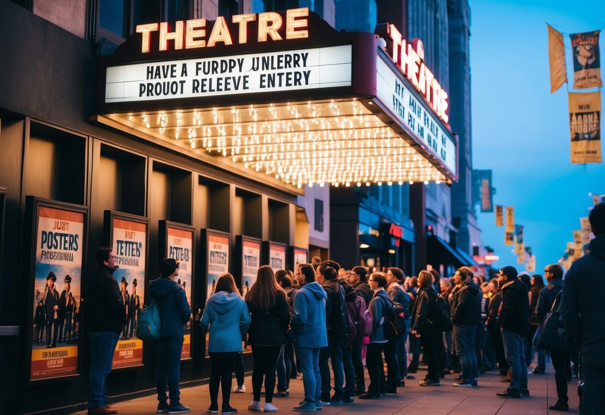 Spotlights illuminate a crowded theater marquee, with a line of eager fans waiting to enter. Posters and banners promote upcoming film releases, creating a buzz in the entertainment industry