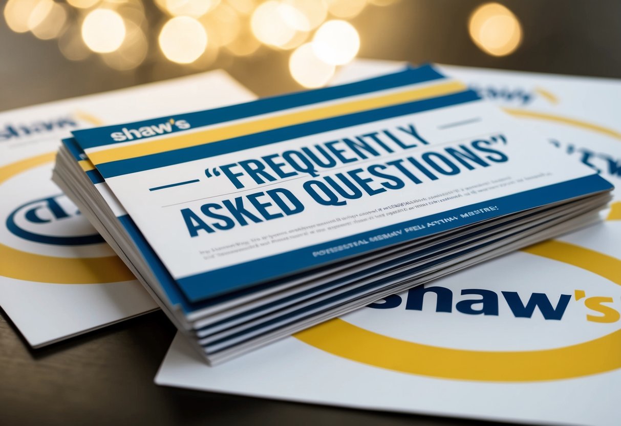 A stack of promotional materials with the "Frequently Asked Questions" section highlighted, surrounded by Shaw's branding and logos