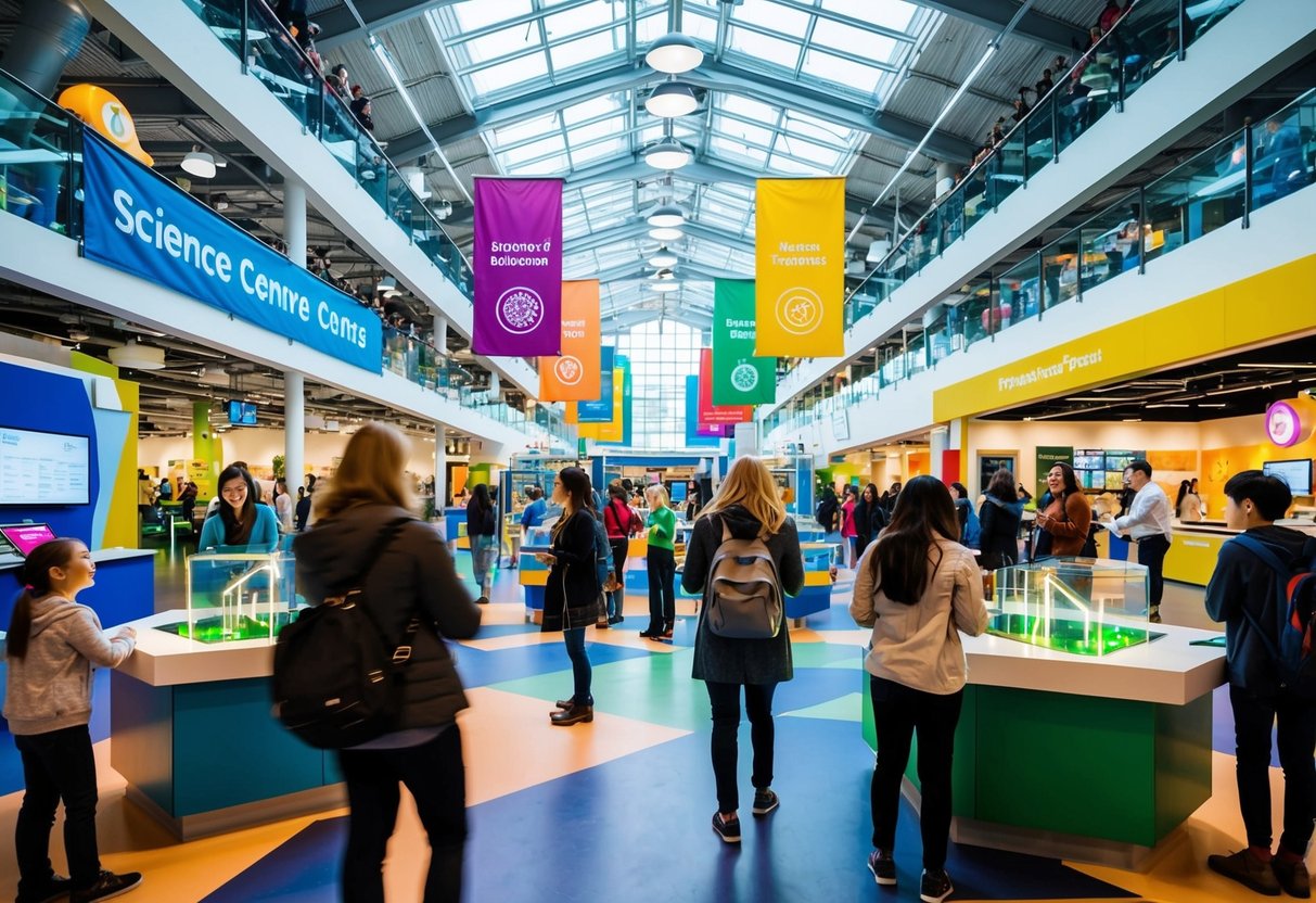 A bustling science centre with interactive exhibits, colorful banners, and excited visitors