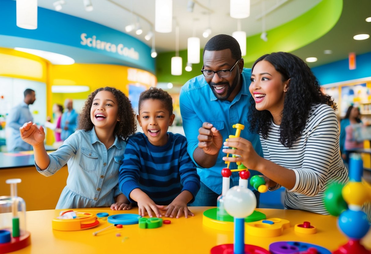 A family of four explores a vibrant science center, engaging in hands-on activities and interactive exhibits. Bright colors and excited expressions convey the ultimate fun of the experience
