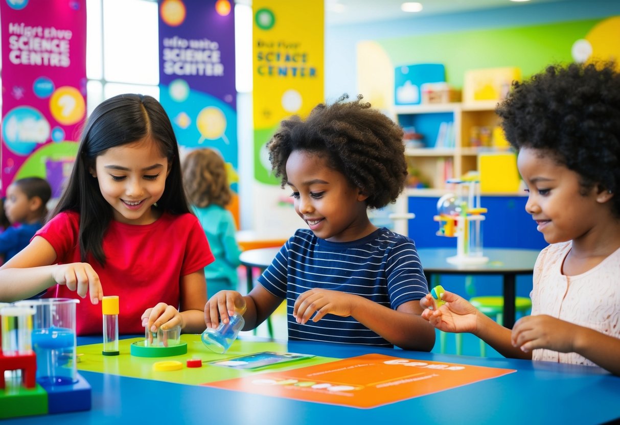 Children engaging in hands-on science activities at a vibrant, interactive science center with colorful promotional banners