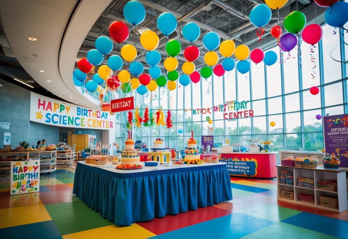 A colorful science center with birthday decorations and promotional signs