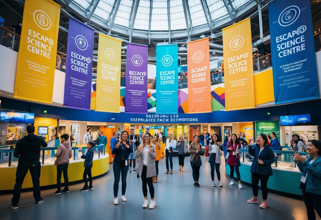 A bustling science centre with interactive exhibits, colorful banners, and excited visitors enjoying the Escape@Science Centre experience package promotions
