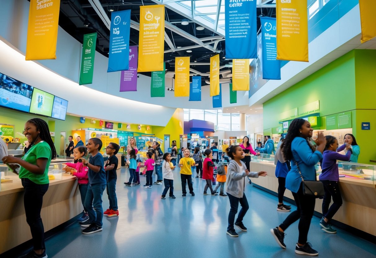 A bustling science center with interactive exhibits, colorful banners, and excited visitors enjoying hands-on activities and demonstrations
