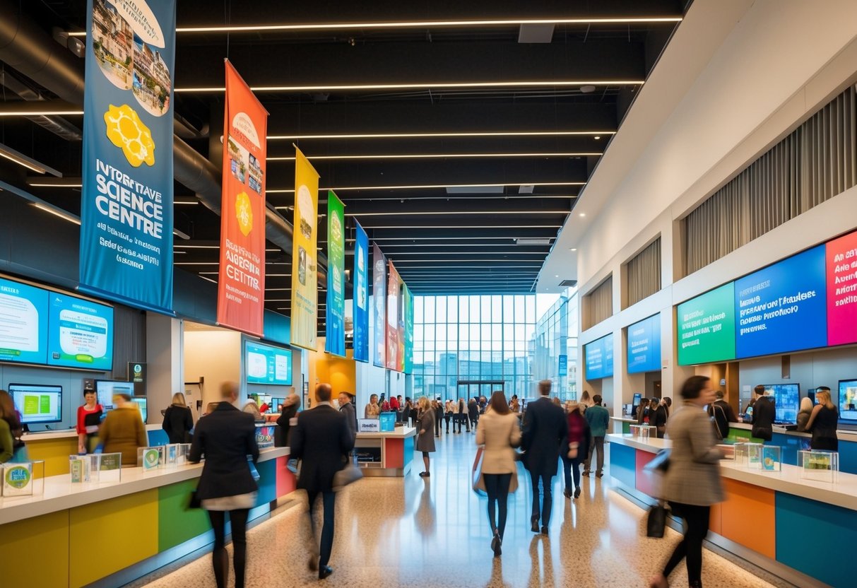 A bustling science centre lobby with interactive displays and colorful banners promoting upcoming events