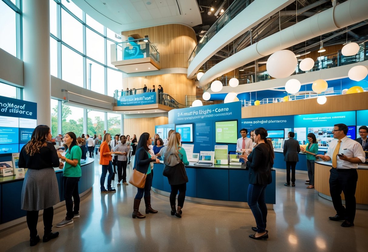 A bustling science center with a display of promotional materials and interactive exhibits, visitors engaging with staff, and a sense of curiosity and excitement in the air