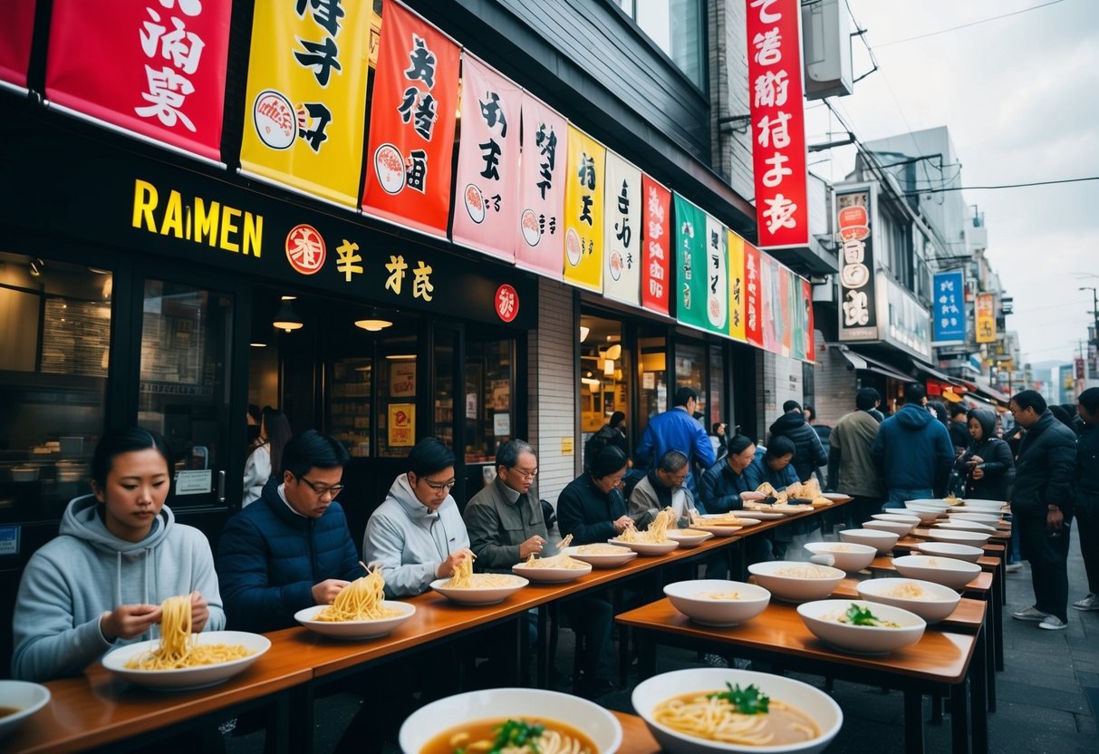 A bustling ramen shop with colorful banners and a line of customers outside. Tables are filled with steaming bowls of noodles