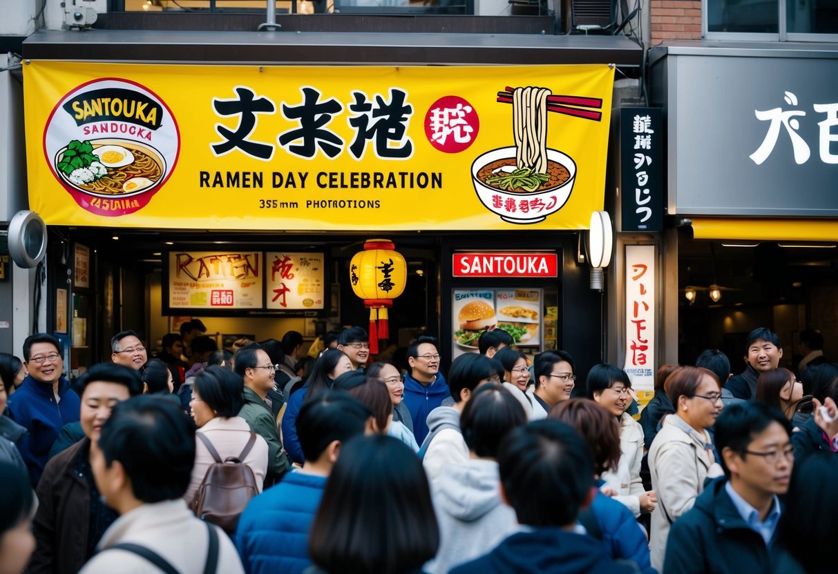 A bustling ramen shop with a "Ramen Day Celebration" banner and a crowd of customers enjoying Santouka promotions