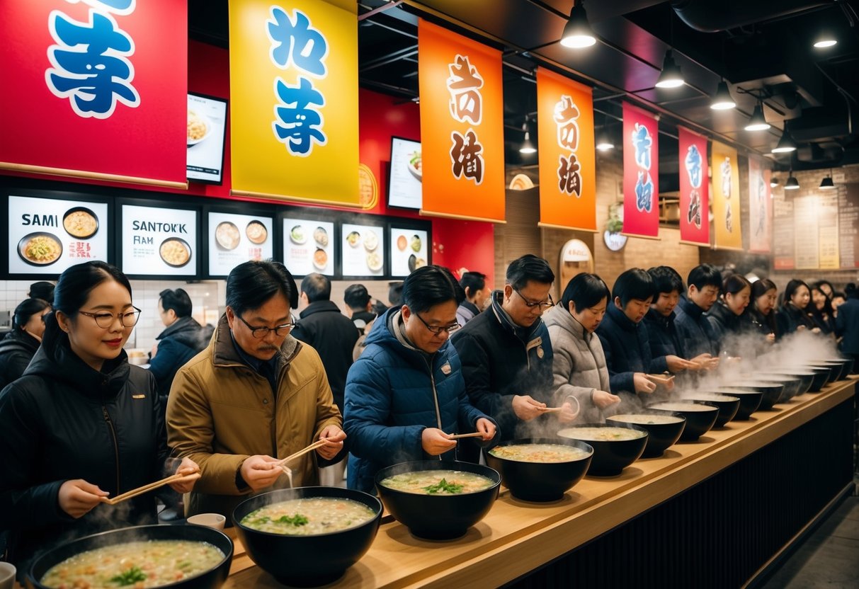 A bustling ramen shop with steaming bowls and colorful promotional banners. Customers line up eagerly to explore the signature ramen selections at Santouka