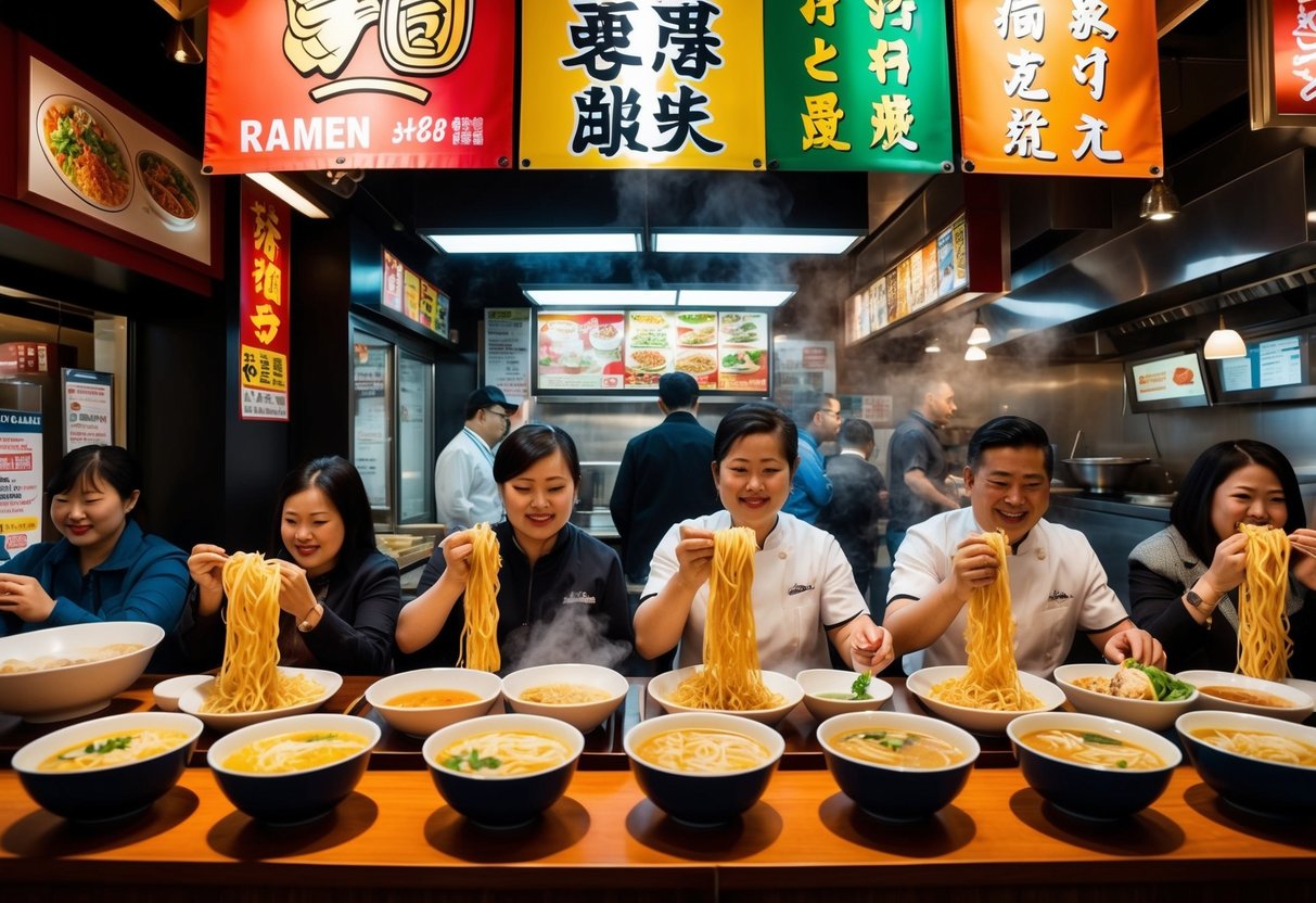 A bustling ramen shop with vibrant banners, steaming bowls of noodles, and happy customers enjoying special promotions