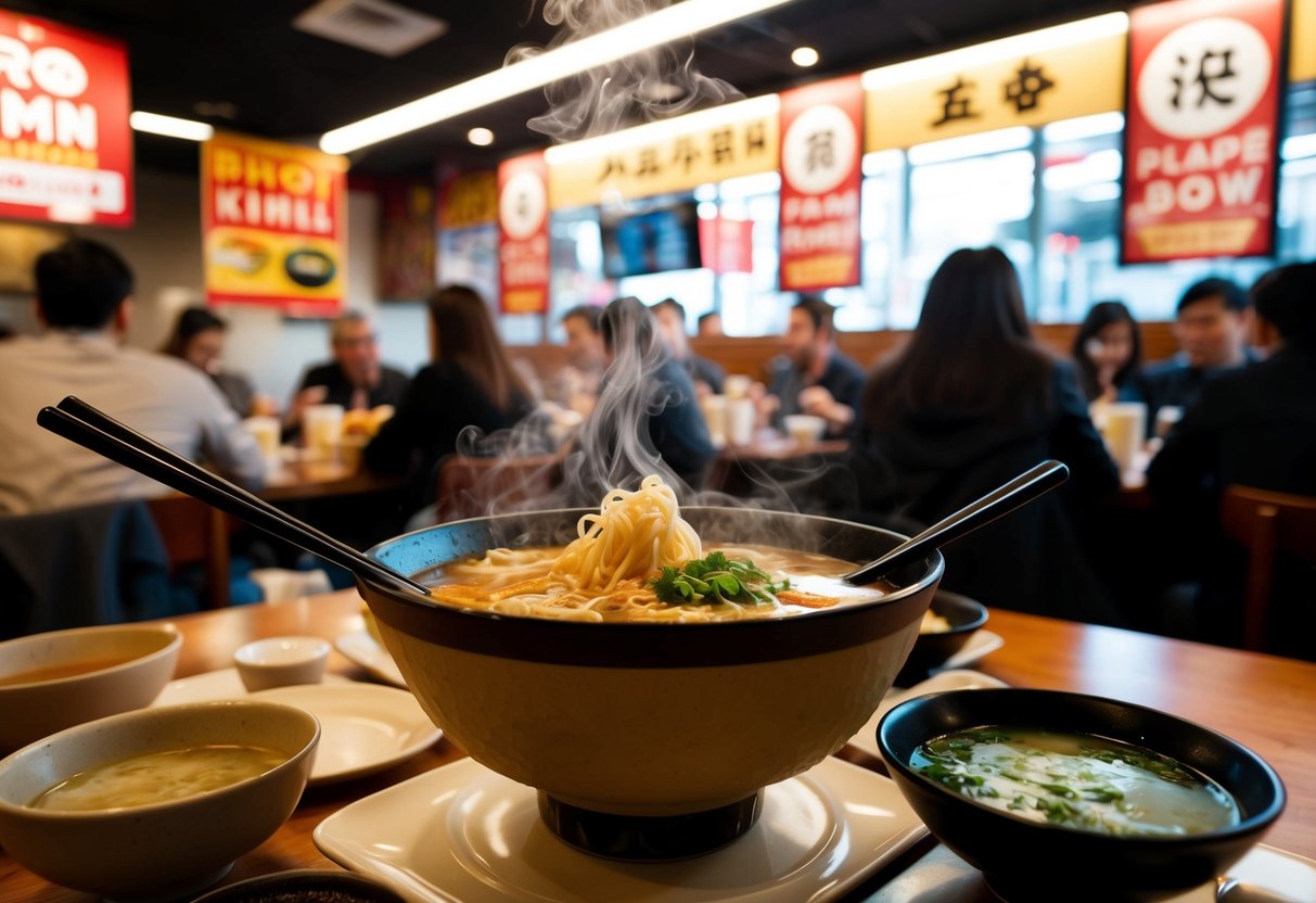 A steaming bowl of ramen surrounded by promotional signs and banners, with customers enjoying their meals in a bustling restaurant