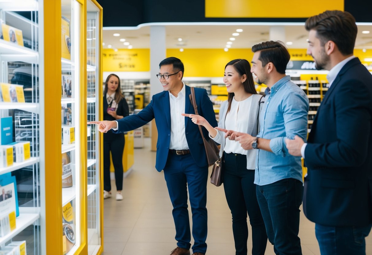 A line of people standing in front of a promotional display, pointing and asking questions to a store employee