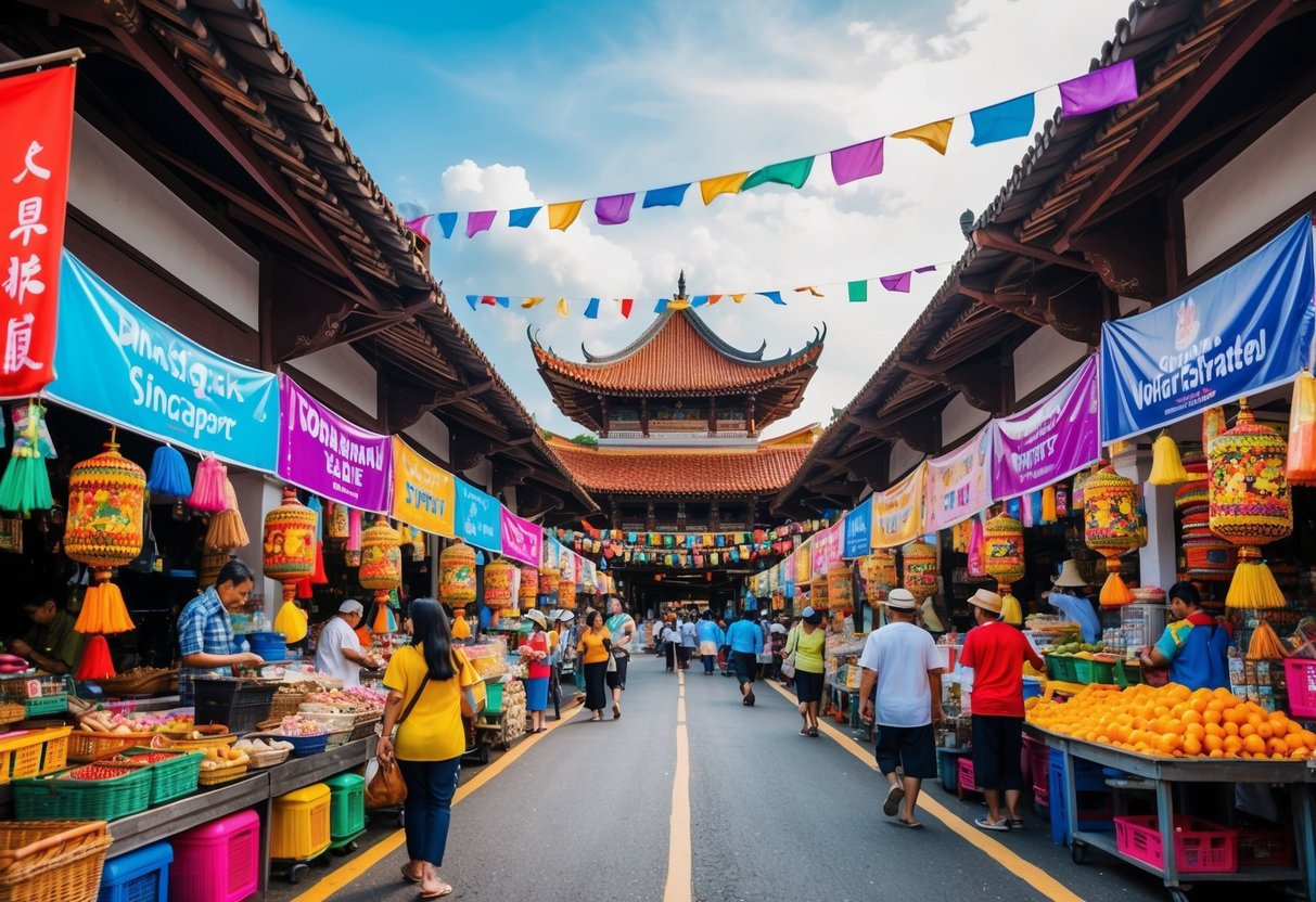 A vibrant street market in Malaysia, with colorful banners and traditional architecture, attracts tourists from Singapore