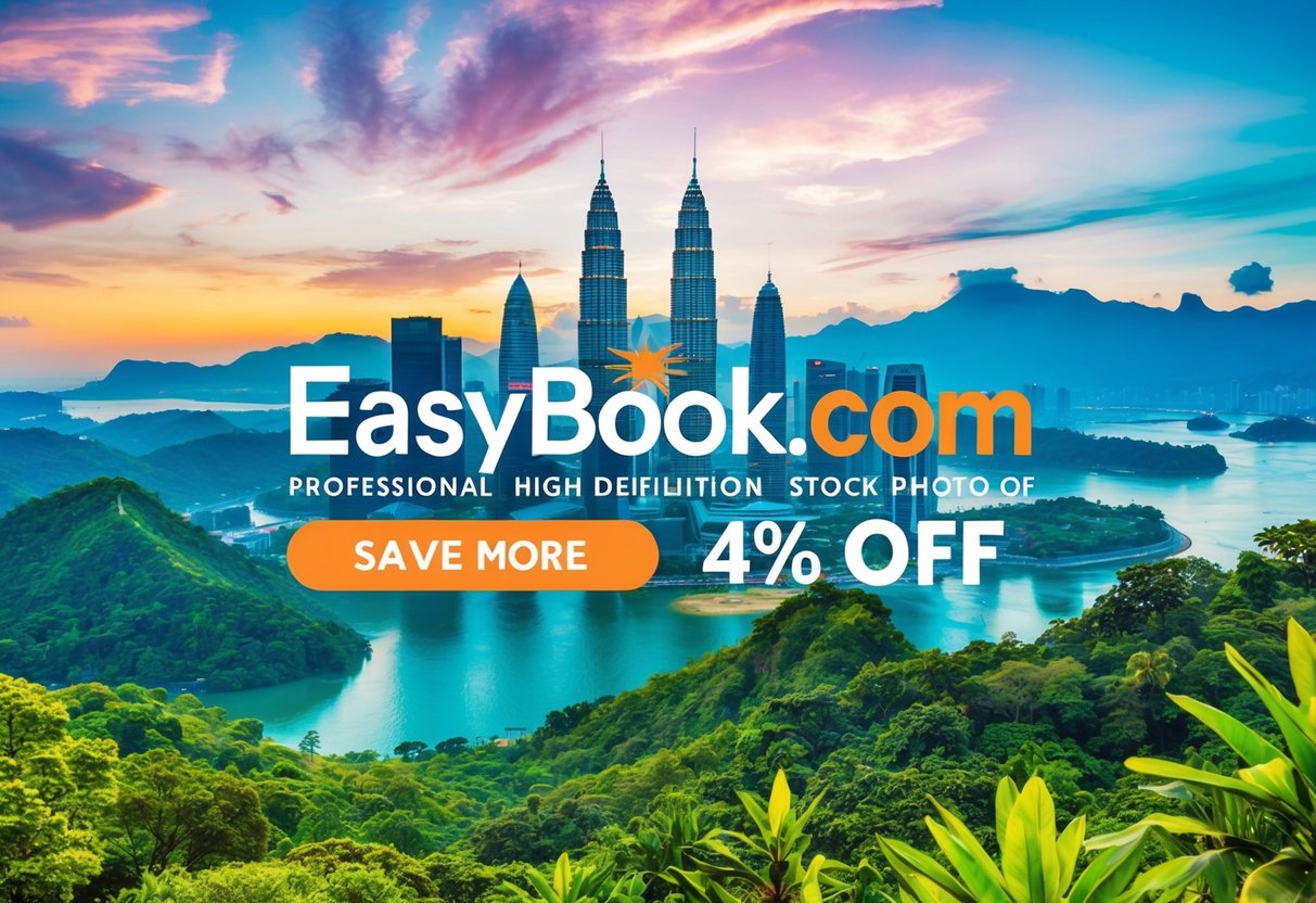 A vibrant travel poster featuring iconic Malaysian landmarks and lush landscapes, with a prominent EasyBook.com logo and enticing discount offers