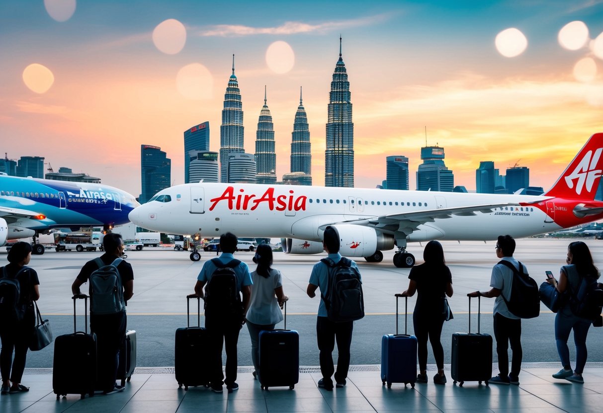 Passengers eagerly boarding AirAsia planes with Malaysia's iconic landmarks in the background