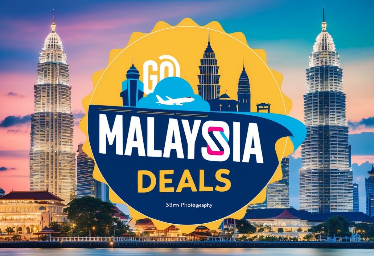 A vibrant travel poster featuring iconic Malaysian landmarks and symbols with a bold "Go Malaysia Deals" campaign logo