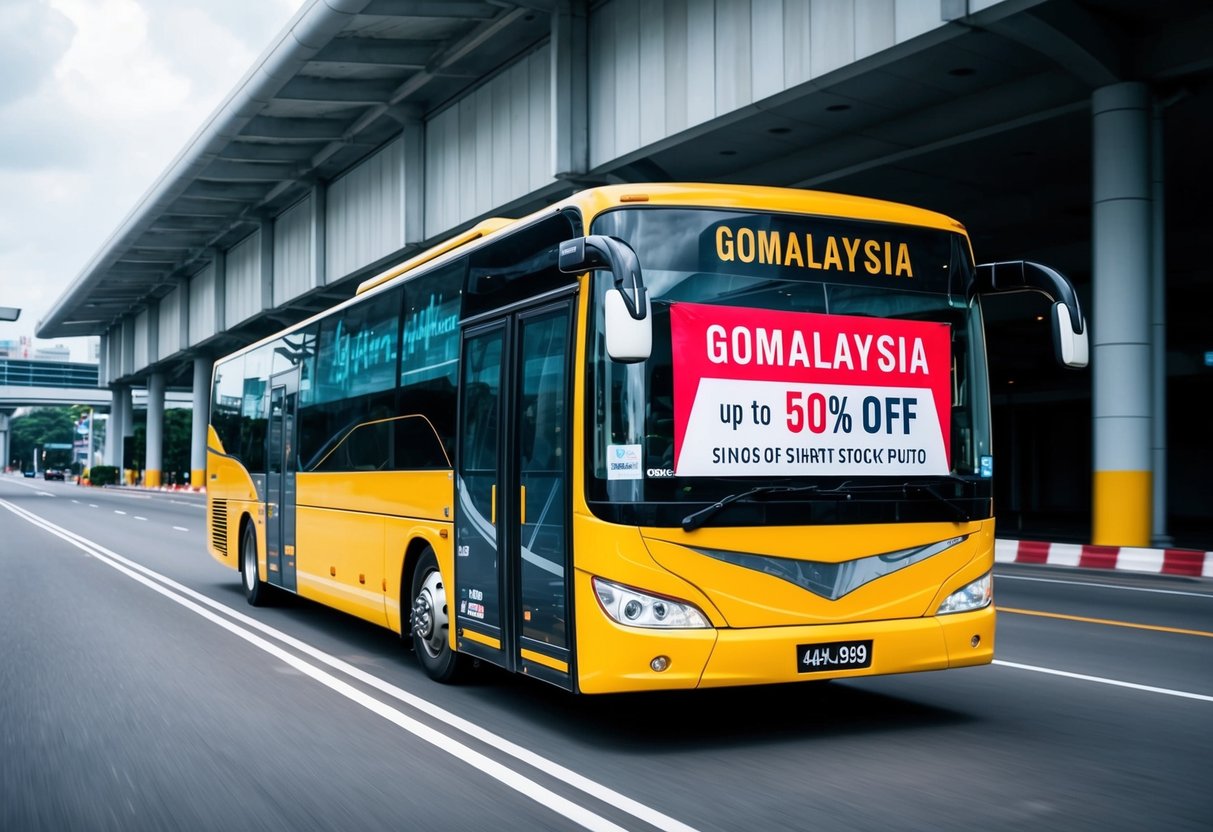 A bus traveling from Singapore to Malaysia with a promotional banner displaying "GOMALAYSIA" and the offer of up to 50% off