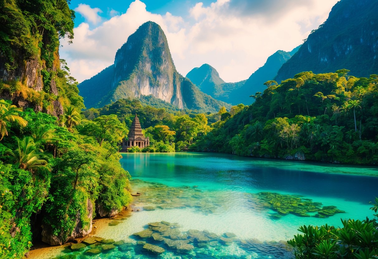 A vibrant scene of lush rainforests, towering mountains, and crystal-clear waters, with colorful wildlife and ancient temples in the background