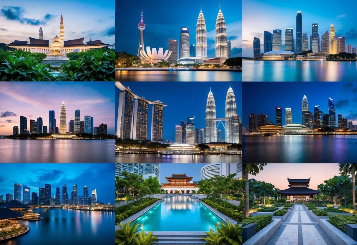 A vibrant collage of iconic Malaysian and Singaporean landmarks, surrounded by lush tropical foliage and bustling cityscapes