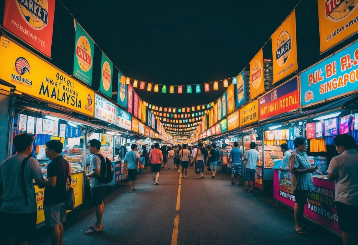 A vibrant night market in Malaysia with colorful banners and promotional booths, attracting tourists from Singapore