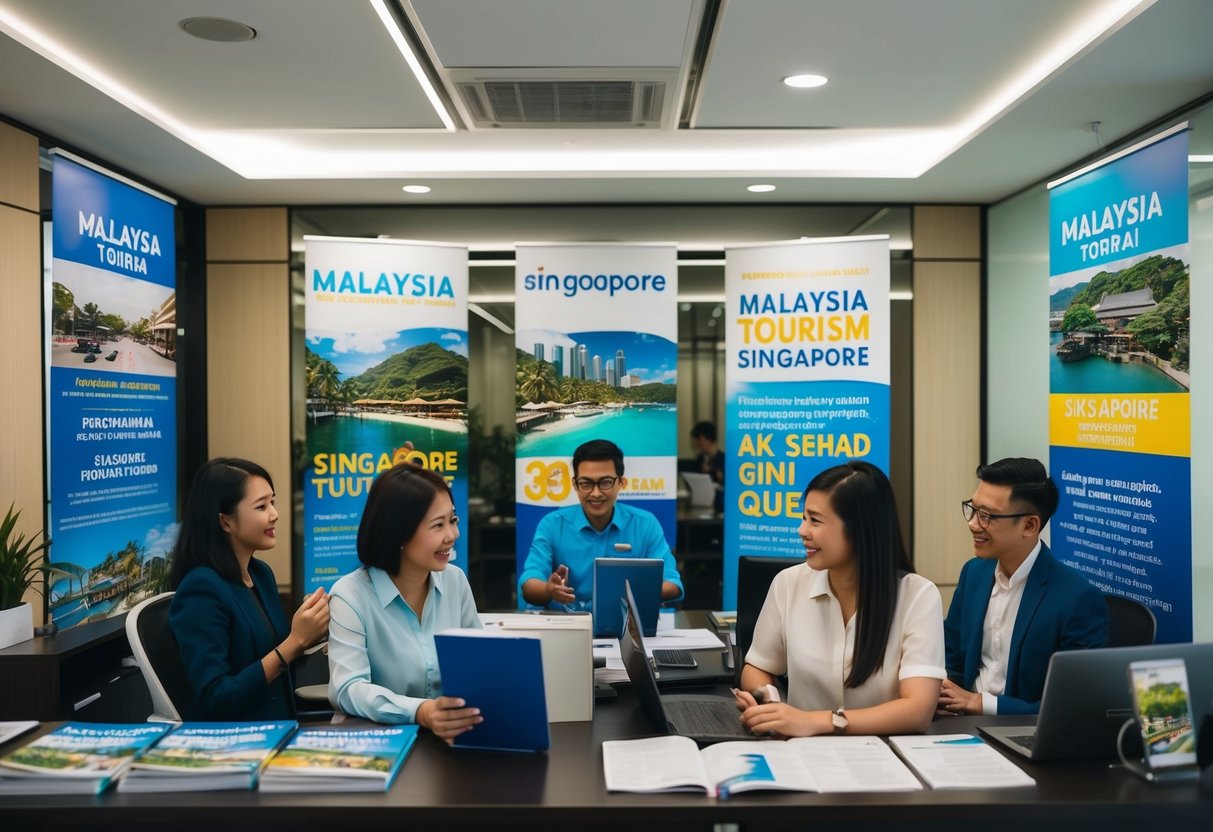 A bustling travel agency office with brochures and posters promoting Malaysia tourism and Singapore, with customers asking frequently asked questions