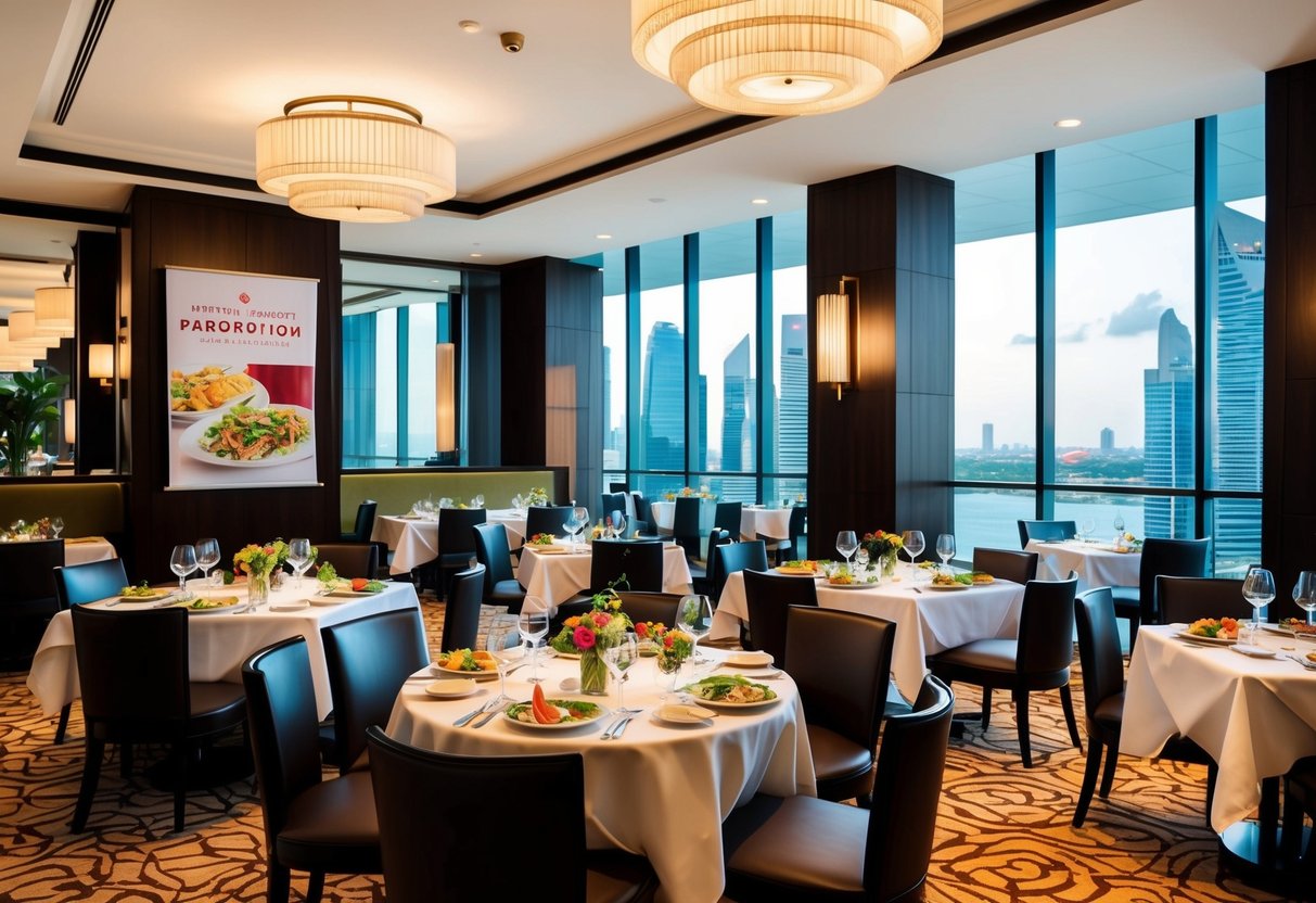 A bustling restaurant in Singapore's Marriott Hotel, filled with elegant table settings and colorful dishes, with a promotional banner displayed prominently