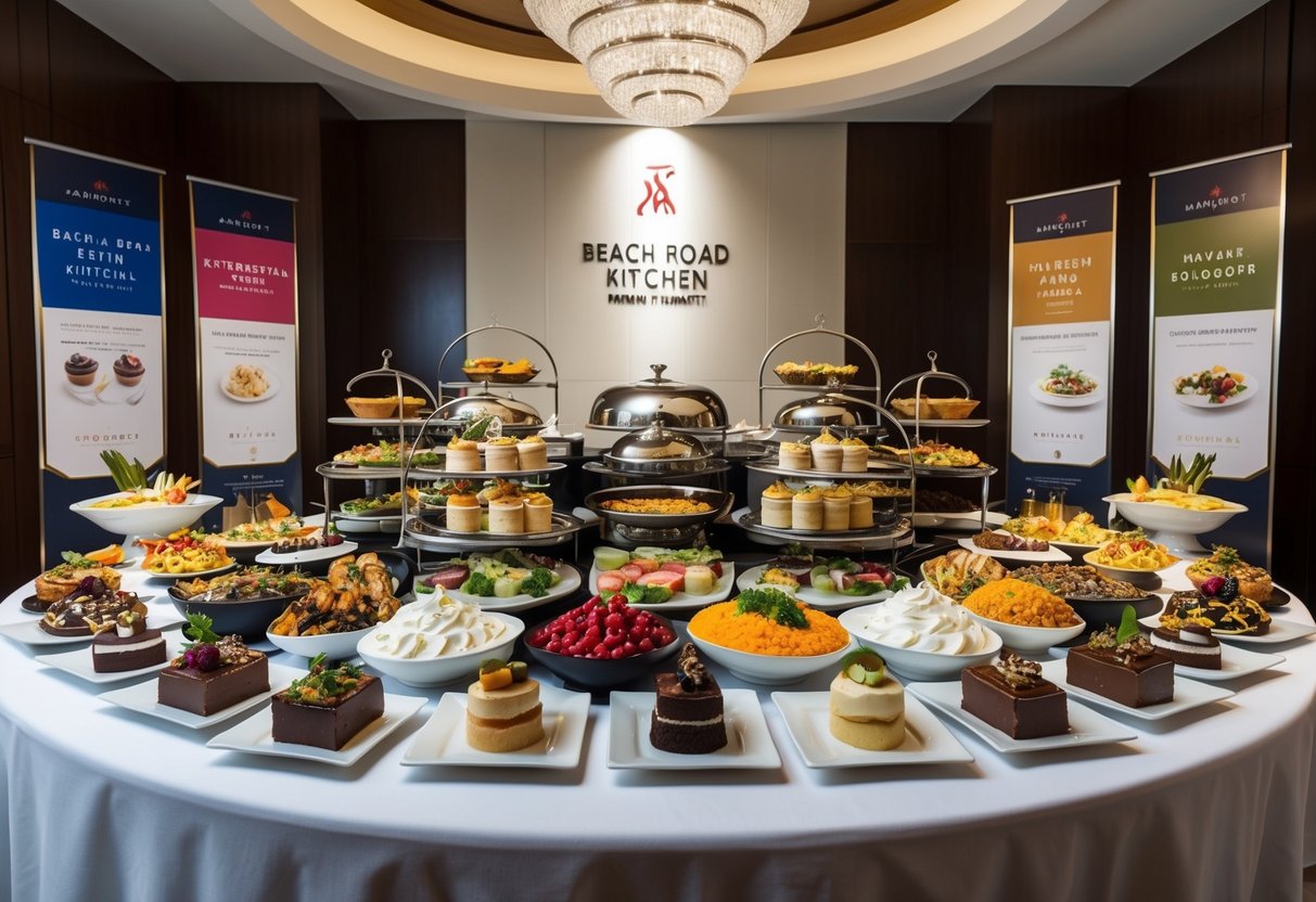 A grand buffet spread at Beach Road Kitchen, featuring an array of delectable dishes and decadent desserts, set against a backdrop of elegant dining promotions at the Marriott in Singapore