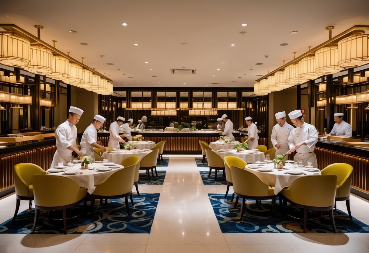 A bustling restaurant scene with elegant tables, dim sum carts, and a team of chefs creating exquisite Cantonese dishes at Marriott Tang Plaza