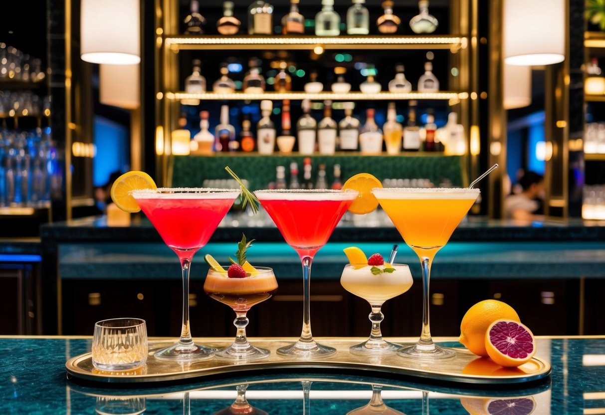 A vibrant cocktail bar with luxurious decor and a display of gourmet drinks at Orchard Road's Marriott dining promotions in Singapore