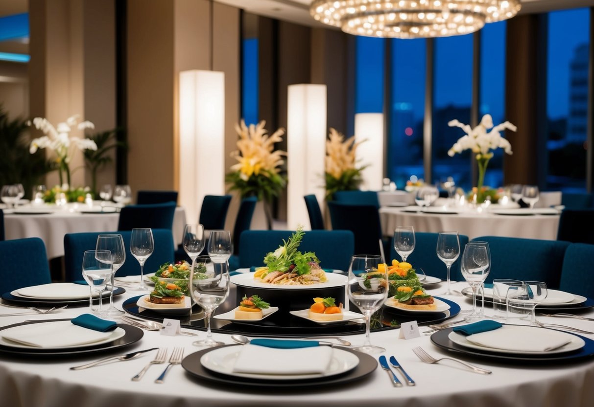 A luxurious dining setup at Marriott Tang Plaza, with elegant table settings and exquisite food displays, showcasing the bespoke dining experience in Singapore
