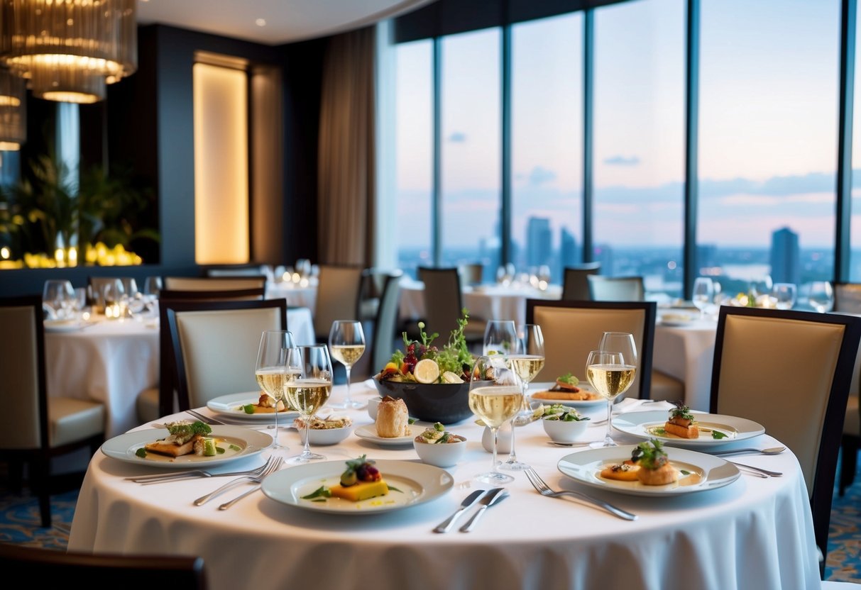 A lavish dining setting at a Marriott hotel in Singapore, with elegant table settings, gourmet dishes, and a sophisticated ambiance