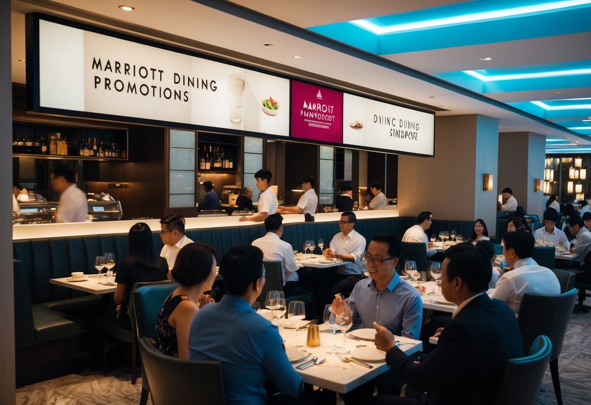 A bustling restaurant with a sign advertising Marriott dining promotions in Singapore. Customers are seated at tables, servers move between them