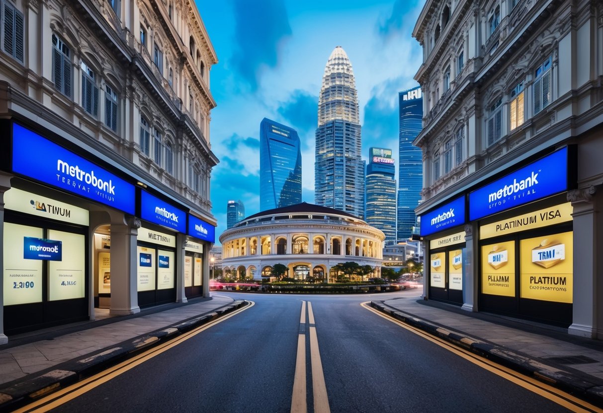 A bustling Singapore street with iconic landmarks and vibrant cityscape, featuring Metrobank Travel Platinum Visa promotions displayed in storefronts