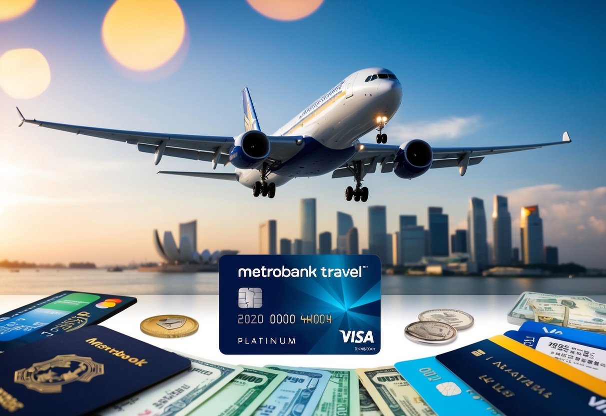 A plane soaring over the Singapore skyline, with a Metrobank Travel Platinum Visa card in the foreground, surrounded by various travel-related items