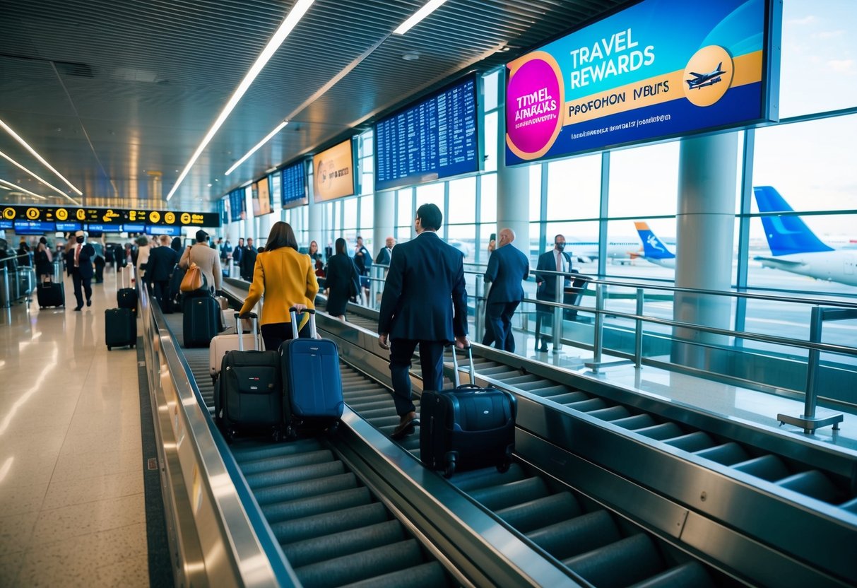 A bustling airport terminal with people boarding planes, luggage being loaded onto conveyors, and a vibrant travel rewards promotion banner displayed prominently
