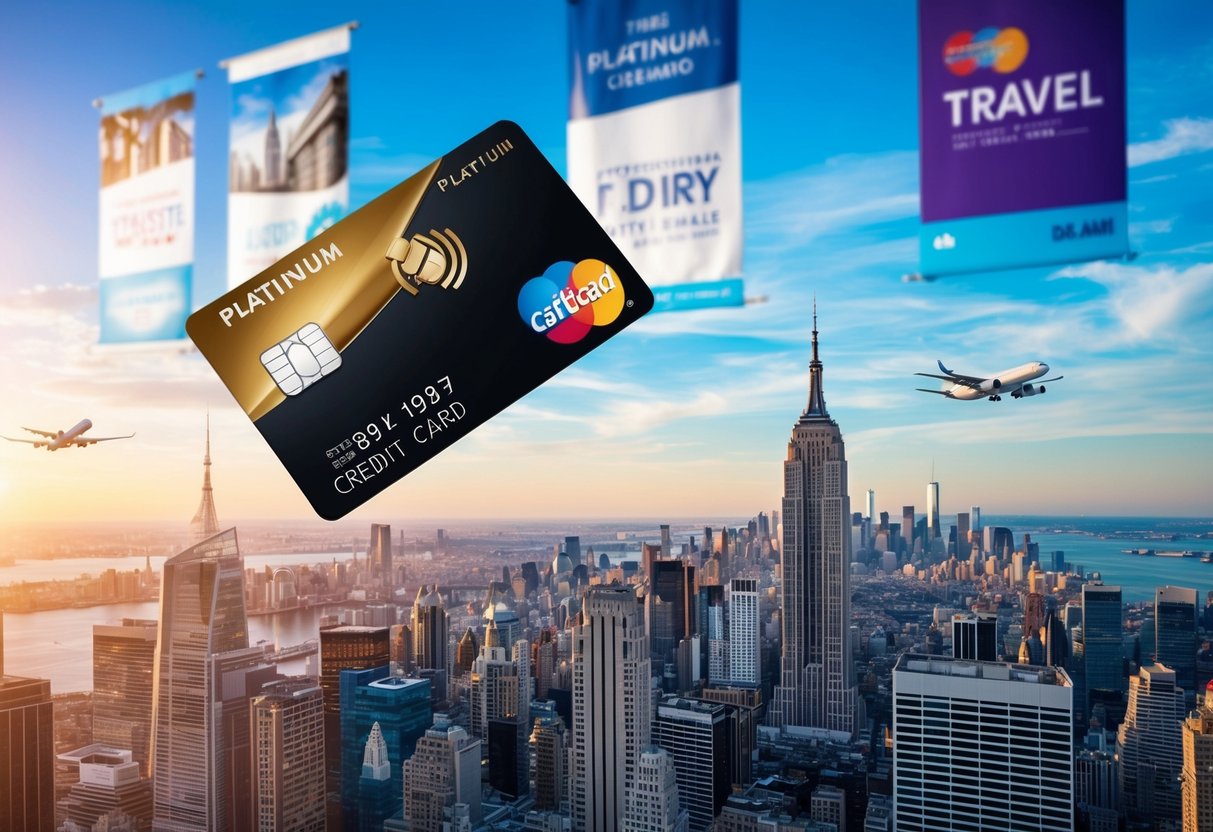 A vibrant cityscape with iconic landmarks and a sleek platinum credit card flying through the air, surrounded by promotional banners and travel imagery