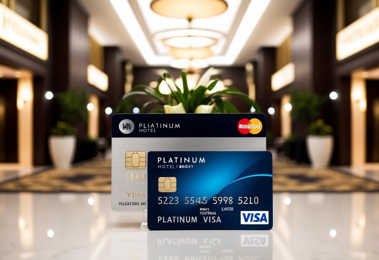 A luxurious hotel lobby with a gleaming platinum visa card and promotional signage