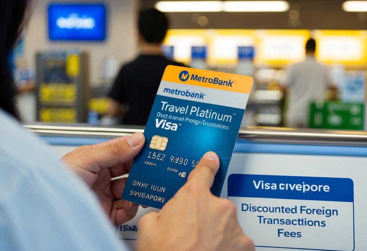 A traveler swiping a Metrobank Travel Platinum Visa at a Singaporean store, with a prominent "discounted foreign transactions fees" promotion displayed