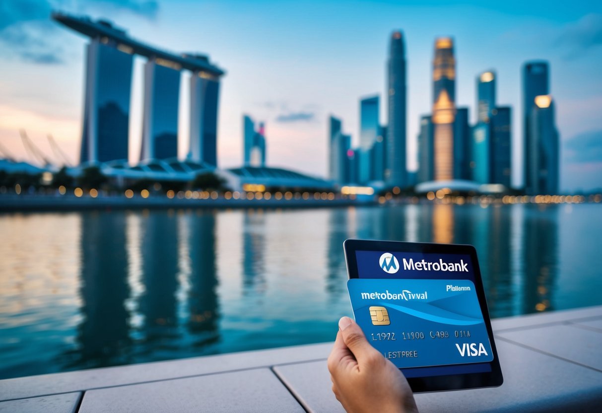 A traveler using Metrobank Travel Platinum Visa to book a vacation, with iconic Singapore landmarks in the background